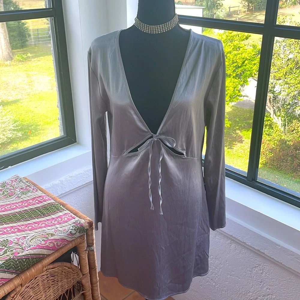 ZARA NWOT Satin Silky Long Sleeve Gray Dress Ties in Front‎ with Cutouts Large